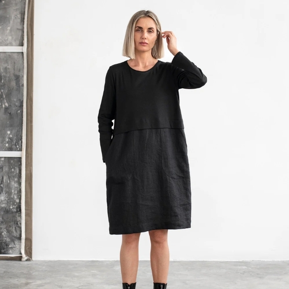 MagicLinen Dresses & Skirts - MagicLinen Elegant Black Long Sleeve Cotton and Linen Dress Size S